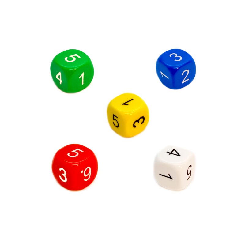 weißen Zahlen 1-6 5er Set 6-Seitiger Würfel runde Ecken Farbmix mit schwarzen o 
