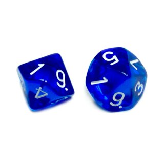 2er Set W10 W&uuml;rfel Transparent-Blau mit Zahlen 1-10