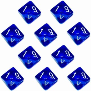 10er Set 10-Seitige W&uuml;rfel Transparent-Dunkel-Blau Zahlen 1-10