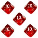5er Set 10-Seitiger W&uuml;rfel Transparent-Rot Zahlen 1-10