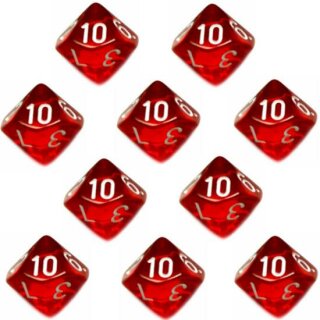 10er Set 10-Seitiger W&uuml;rfel Transparent-Rot Zahlen 1-10