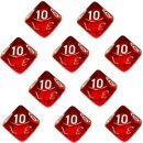 10er Set 10-Seitiger W&uuml;rfel Transparent-Rot Zahlen 1-10