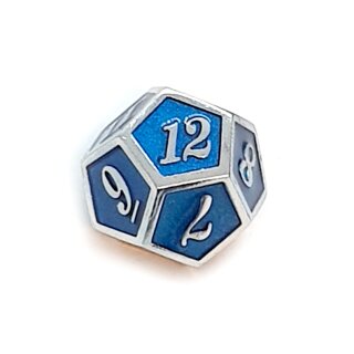 12 Seitiger Metall-W&uuml;rfel Silber-Blau mit Zahlen 1-12