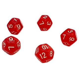 5er Set 12-Seitige W&uuml;rfel Perlmut Rot Zahlen 1-12
