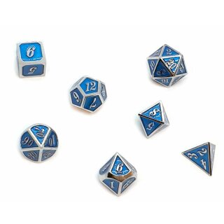 7er Set Metall-W&uuml;rfel Silber-Blau mit Zahlen W4-W20 Kleine Variante